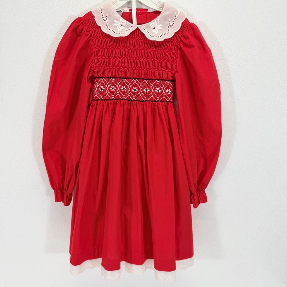 Polly Flinders Vintage 80s Girls Peter Pan Smocked Red Christmas Dress Sz 6